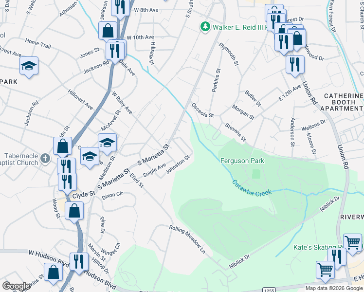 map of restaurants, bars, coffee shops, grocery stores, and more near 116 Quinn Avenue in Gastonia