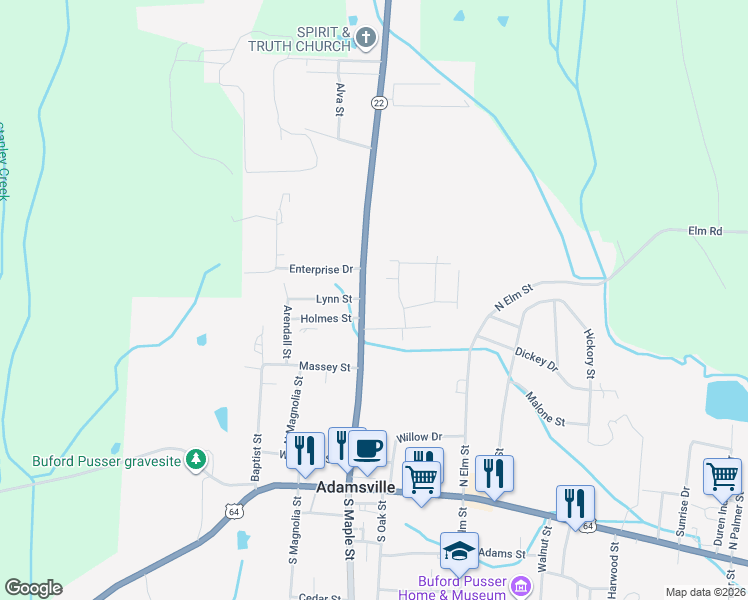 map of restaurants, bars, coffee shops, grocery stores, and more near 323 North Maple Street in Adamsville