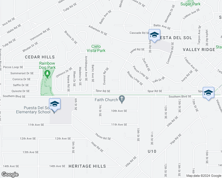 map of restaurants, bars, coffee shops, grocery stores, and more near 736 Spur Road Southeast in Rio Rancho