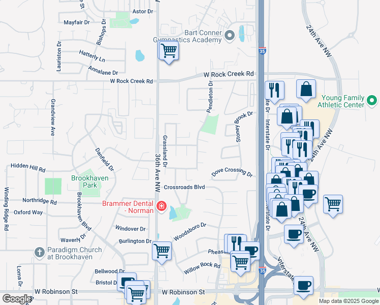 map of restaurants, bars, coffee shops, grocery stores, and more near 1917 Ironhorse Circle in Norman