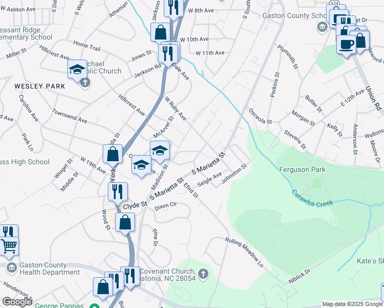 map of restaurants, bars, coffee shops, grocery stores, and more near 209 Fostoria Drive in Gastonia