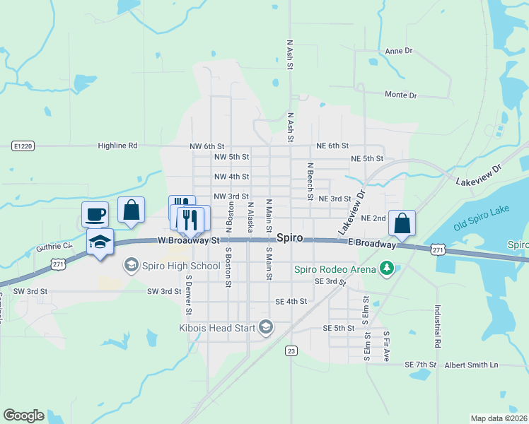 map of restaurants, bars, coffee shops, grocery stores, and more near 201 North Main Avenue in Spiro