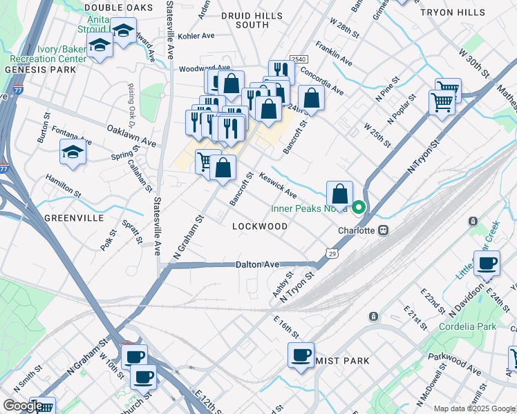map of restaurants, bars, coffee shops, grocery stores, and more near 411 Sylvania Avenue in Charlotte