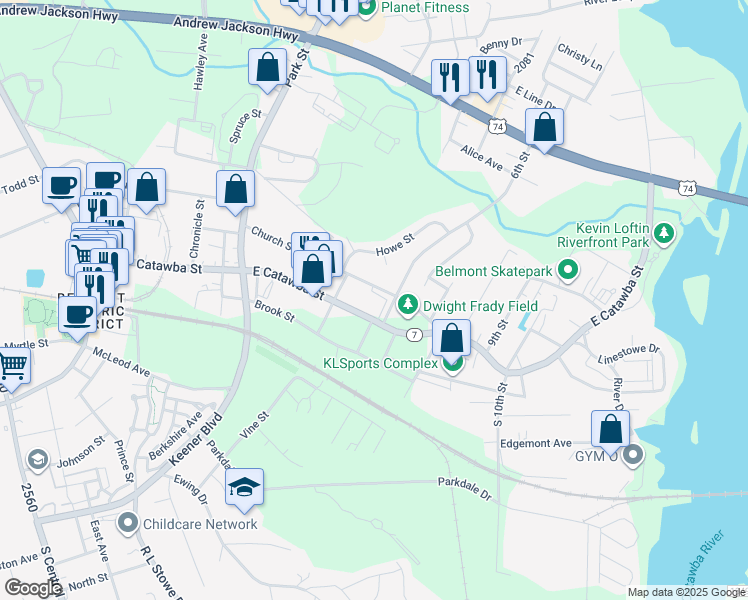 map of restaurants, bars, coffee shops, grocery stores, and more near 545 Catawba Street in Belmont