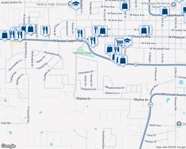 map of restaurants, bars, coffee shops, grocery stores, and more near 202 Navajo Drive in Searcy