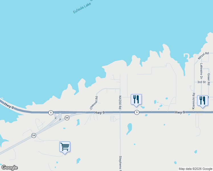 map of restaurants, bars, coffee shops, grocery stores, and more near Channel Road in Eufaula