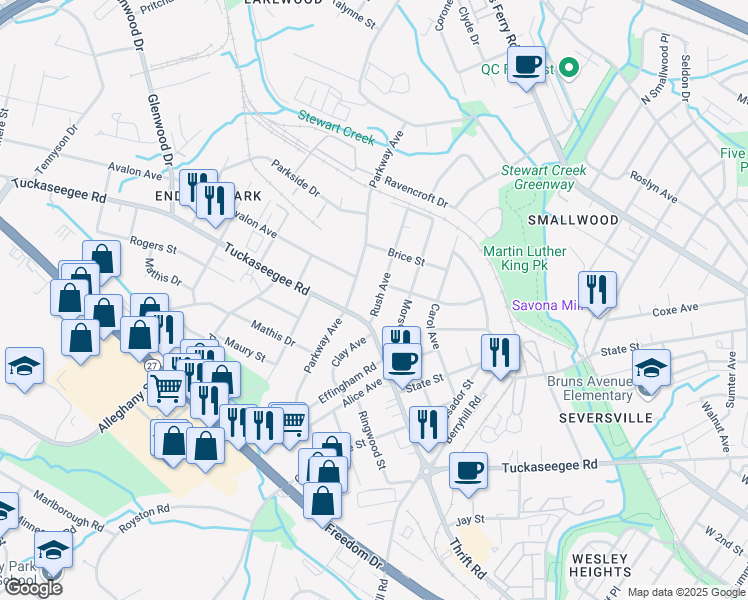 map of restaurants, bars, coffee shops, grocery stores, and more near 2919 Rush Avenue in Charlotte
