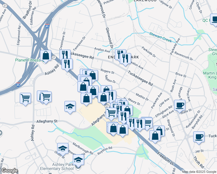 map of restaurants, bars, coffee shops, grocery stores, and more near 3410 Bonaire Drive in Charlotte