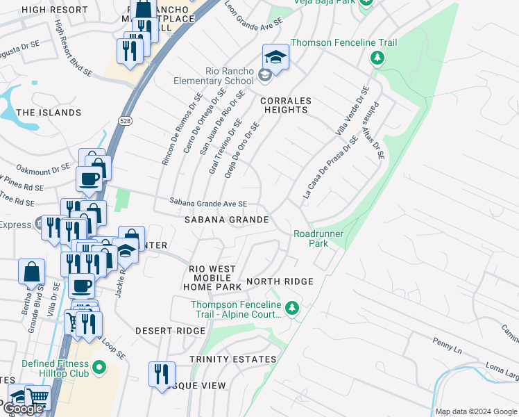 map of restaurants, bars, coffee shops, grocery stores, and more near 900 Los Reyes Court Southeast in Rio Rancho