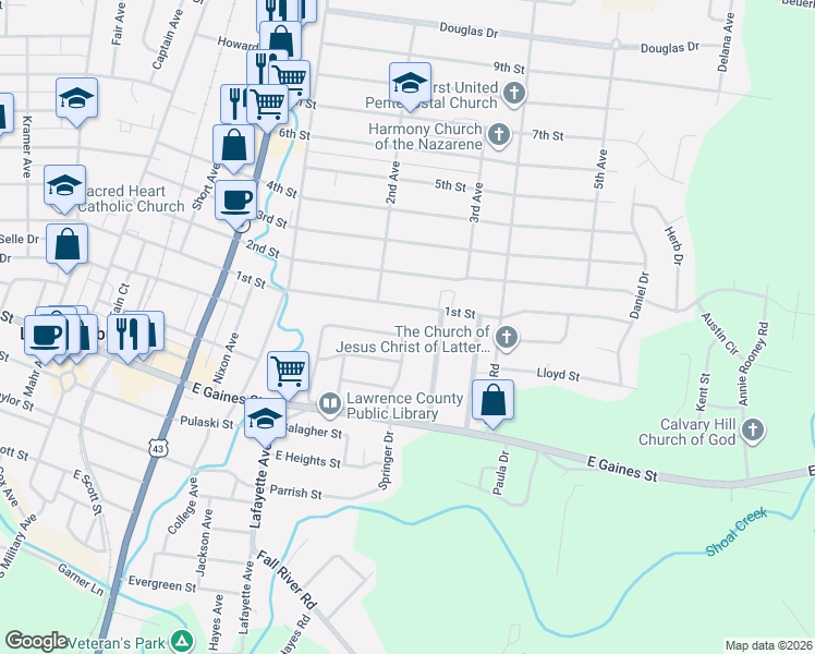 map of restaurants, bars, coffee shops, grocery stores, and more near 241 Caperton Avenue in Lawrenceburg