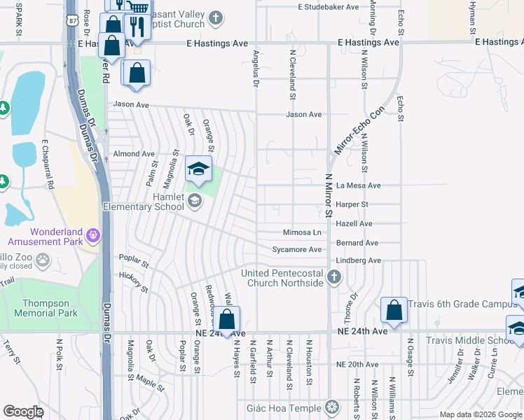 map of restaurants, bars, coffee shops, grocery stores, and more near 2900 North Arthur Street in Amarillo