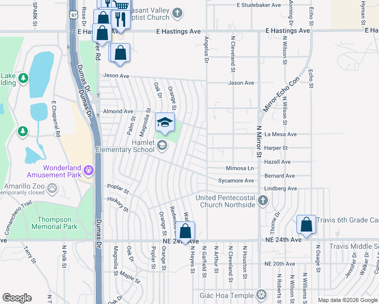 map of restaurants, bars, coffee shops, grocery stores, and more near 1007 Mimosa Lane in Amarillo