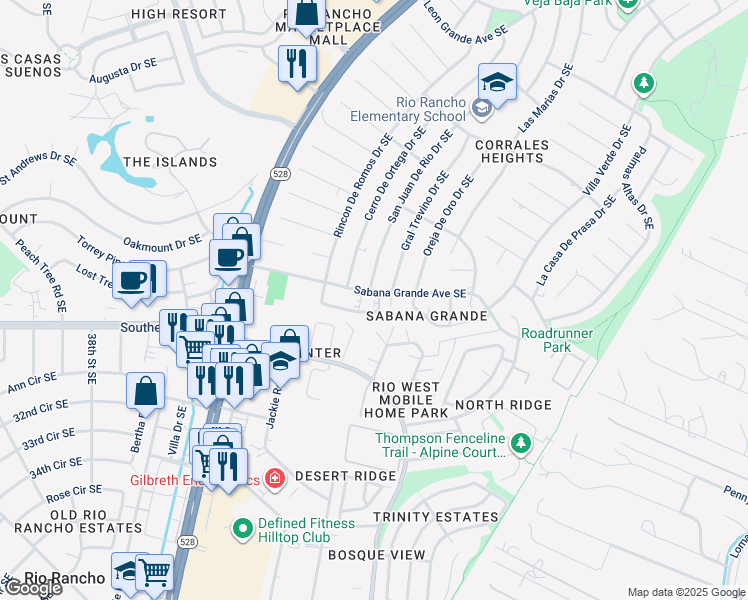 map of restaurants, bars, coffee shops, grocery stores, and more near 4327 Sabana Loop Southeast in Rio Rancho