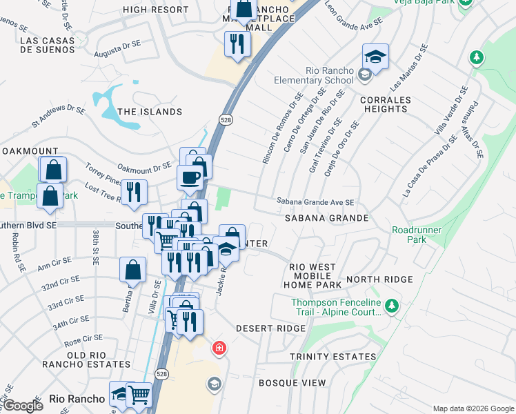 map of restaurants, bars, coffee shops, grocery stores, and more near 4253 Sabana Loop Southeast in Rio Rancho