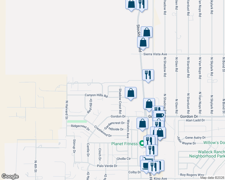 map of restaurants, bars, coffee shops, grocery stores, and more near 983 Canyon Shadows Drive in Kingman