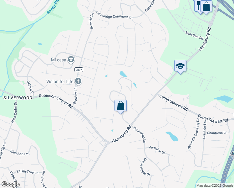 map of restaurants, bars, coffee shops, grocery stores, and more near 9617 Worley Drive in Charlotte
