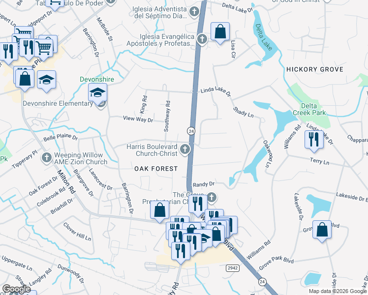 map of restaurants, bars, coffee shops, grocery stores, and more near 6920 Markway Drive in Charlotte