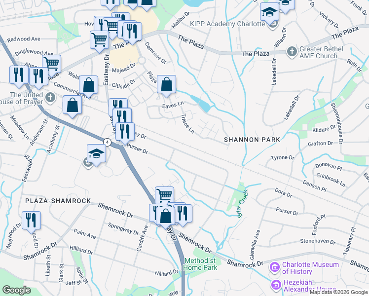 map of restaurants, bars, coffee shops, grocery stores, and more near 1909 Finchley Drive in Charlotte
