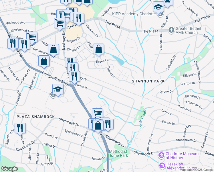 map of restaurants, bars, coffee shops, grocery stores, and more near 1909 Finchley Drive in Charlotte