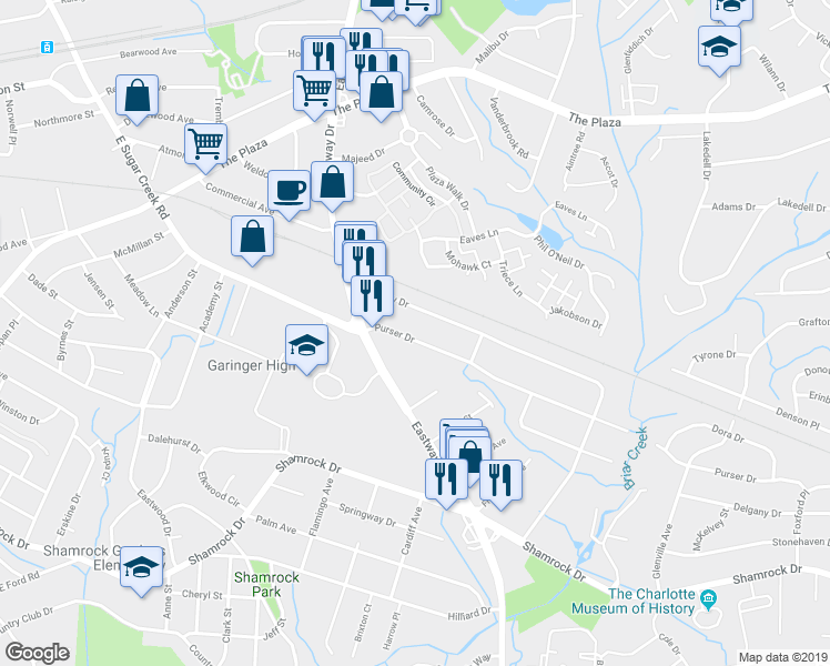 map of restaurants, bars, coffee shops, grocery stores, and more near 1709 Purser Drive in Charlotte