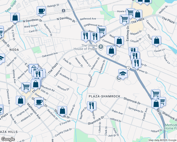 map of restaurants, bars, coffee shops, grocery stores, and more near 1709 Anderson Street in Charlotte