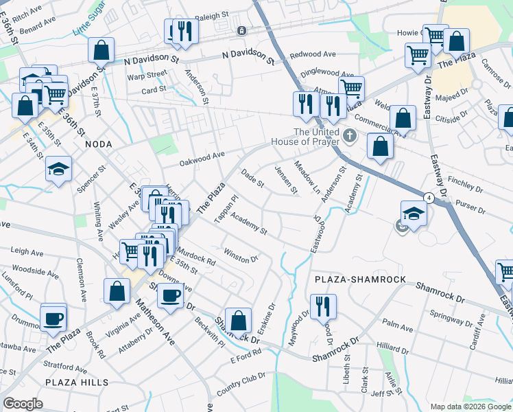 map of restaurants, bars, coffee shops, grocery stores, and more near in Charlotte