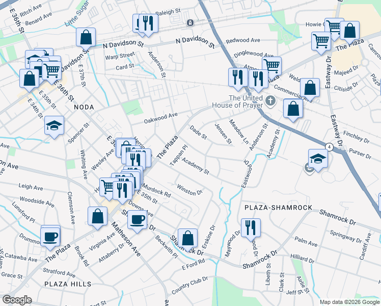 map of restaurants, bars, coffee shops, grocery stores, and more near in Charlotte