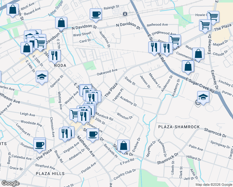 map of restaurants, bars, coffee shops, grocery stores, and more near 3420 The Plaza in Charlotte