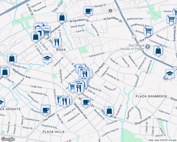map of restaurants, bars, coffee shops, grocery stores, and more near in Charlotte