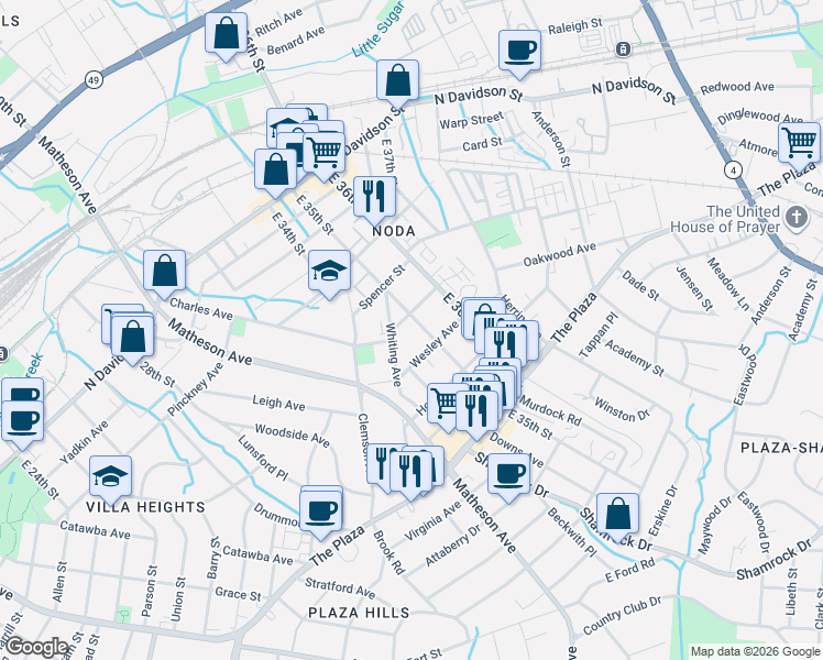 map of restaurants, bars, coffee shops, grocery stores, and more near 1019 East 35th Street in Charlotte