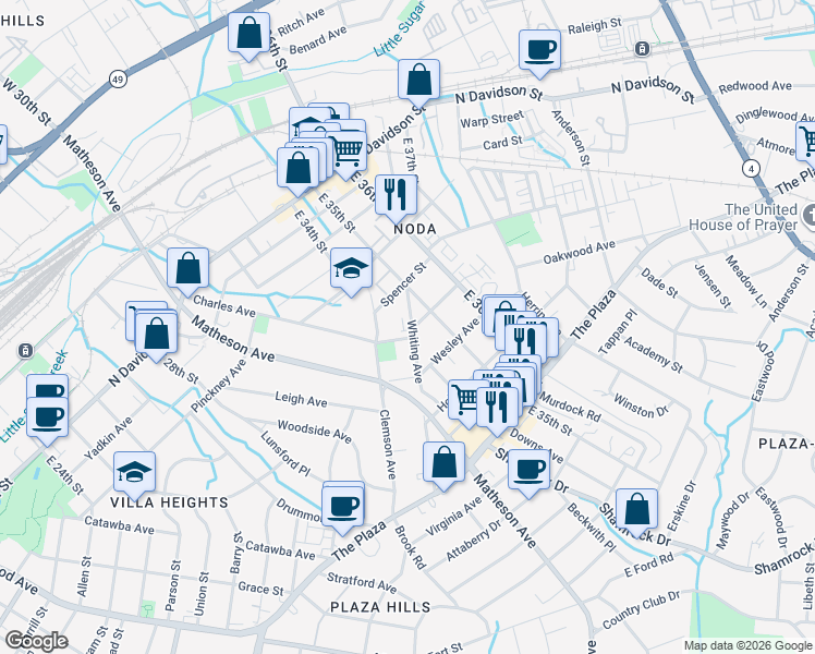 map of restaurants, bars, coffee shops, grocery stores, and more near in Charlotte