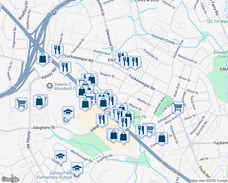 map of restaurants, bars, coffee shops, grocery stores, and more near 3410 Bonaire Drive in Charlotte