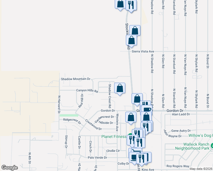 map of restaurants, bars, coffee shops, grocery stores, and more near 983 Canyon Shadows Drive in Kingman