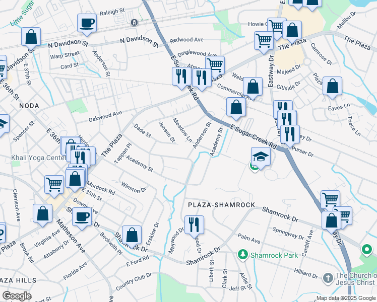 map of restaurants, bars, coffee shops, grocery stores, and more near 1709 Anderson Street in Charlotte