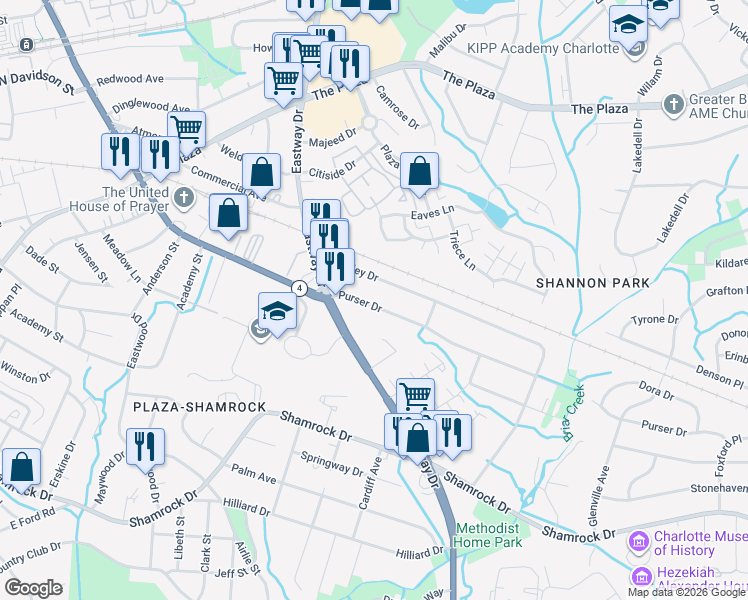 map of restaurants, bars, coffee shops, grocery stores, and more near 1709 Purser Drive in Charlotte