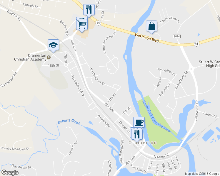 map of restaurants, bars, coffee shops, grocery stores, and more near 495 Washington Street in Cramerton