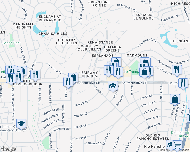 map of restaurants, bars, coffee shops, grocery stores, and more near 3101 Southern Boulevard Southeast in Rio Rancho
