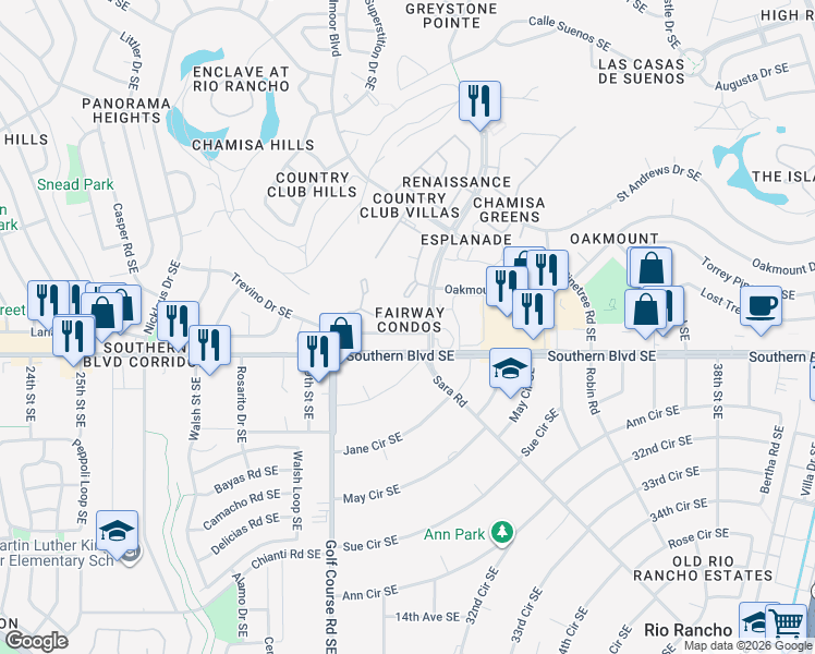 map of restaurants, bars, coffee shops, grocery stores, and more near 901 Country Club Drive Southeast in Rio Rancho