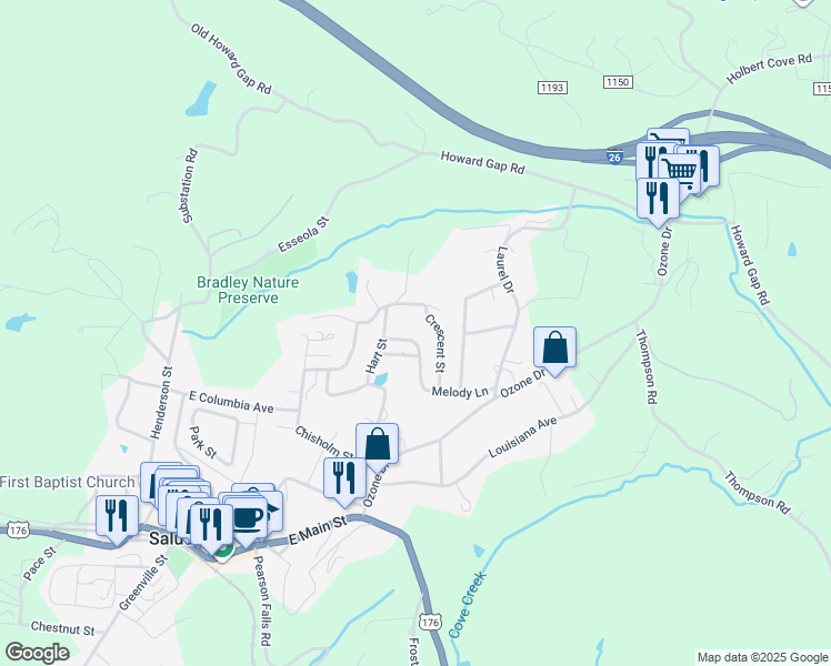 map of restaurants, bars, coffee shops, grocery stores, and more near 498 Meadowview Drive in Saluda