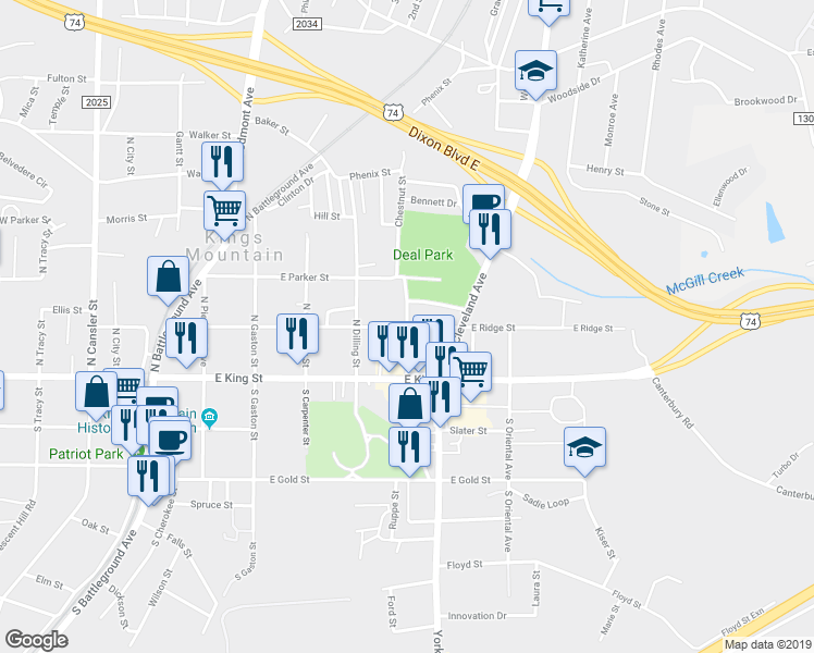 map of restaurants, bars, coffee shops, grocery stores, and more near East Ridge Street in Kings Mountain