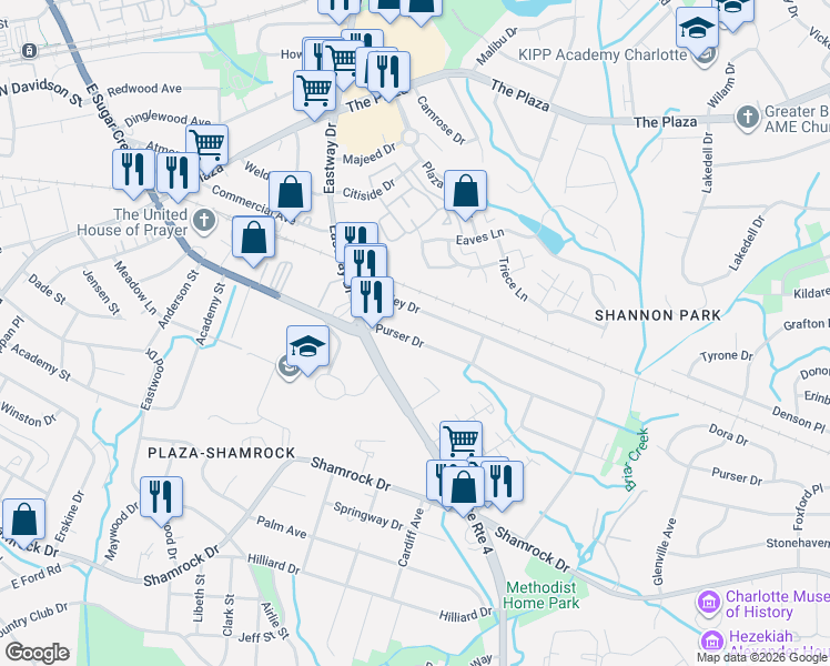 map of restaurants, bars, coffee shops, grocery stores, and more near 1709 Purser Drive in Charlotte