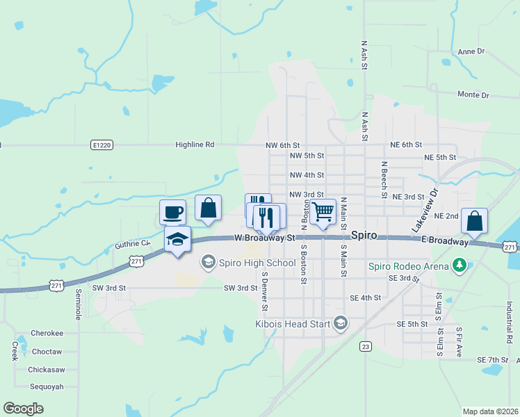 map of restaurants, bars, coffee shops, grocery stores, and more near 506 Northwest 2nd Street in Spiro