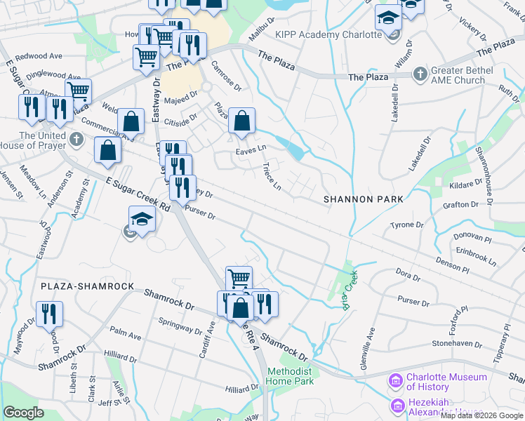 map of restaurants, bars, coffee shops, grocery stores, and more near 1909 Finchley Drive in Charlotte