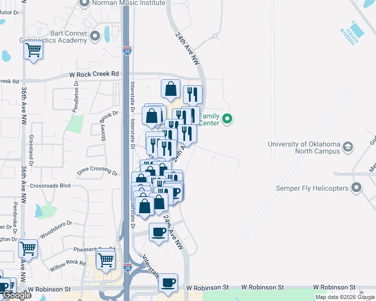 map of restaurants, bars, coffee shops, grocery stores, and more near 3443-3463 24th Ave NW in Norman