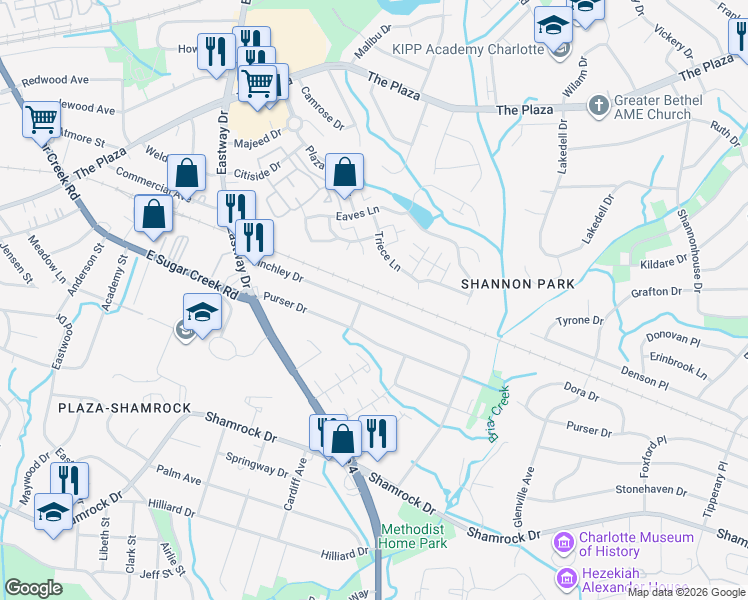 map of restaurants, bars, coffee shops, grocery stores, and more near 1909 Finchley Drive in Charlotte