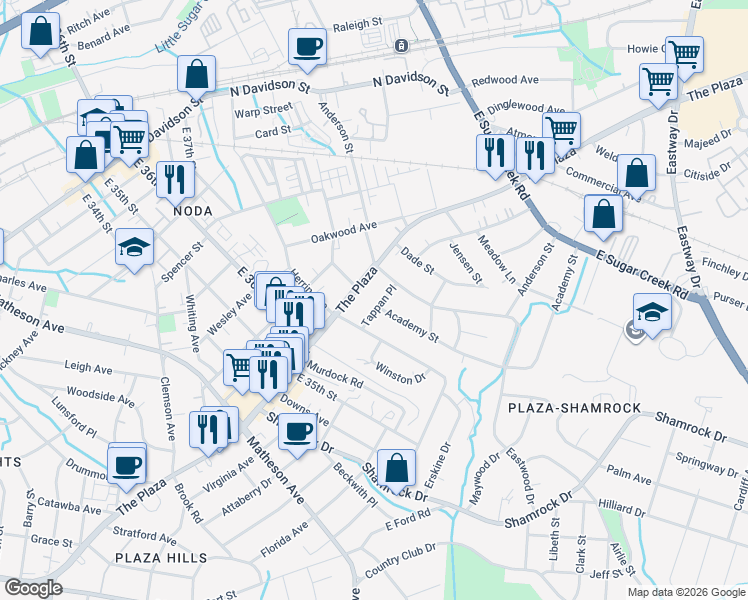 map of restaurants, bars, coffee shops, grocery stores, and more near in Charlotte
