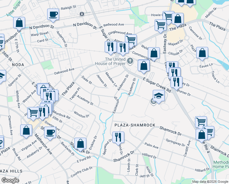 map of restaurants, bars, coffee shops, grocery stores, and more near 1709 Anderson Street in Charlotte