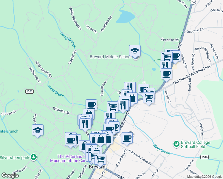 map of restaurants, bars, coffee shops, grocery stores, and more near 217 McLean Road in Brevard