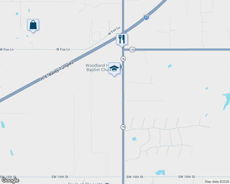 map of restaurants, bars, coffee shops, grocery stores, and more near 501 Oklahoma 76 in Newcastle