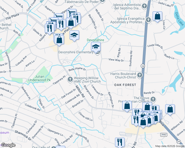 map of restaurants, bars, coffee shops, grocery stores, and more near 4818 Delivau Drive in Charlotte